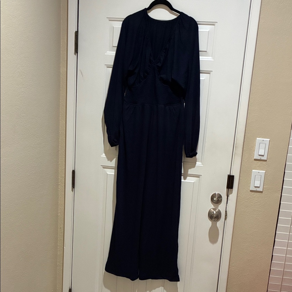 Tanou Navy Blue Women's long sleeve wide leg jumpsuit with pockets